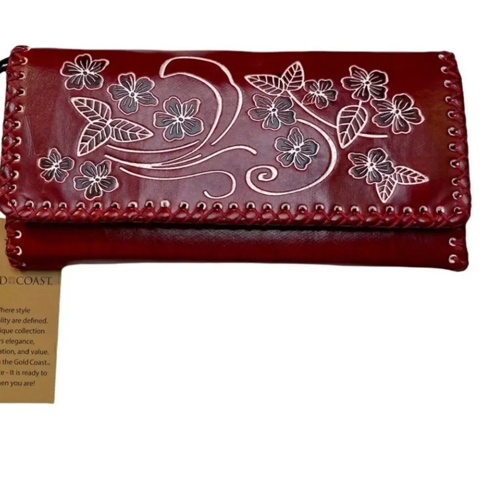 Gold Coast Beautiful Tooled Red Faux Leather Wallet.